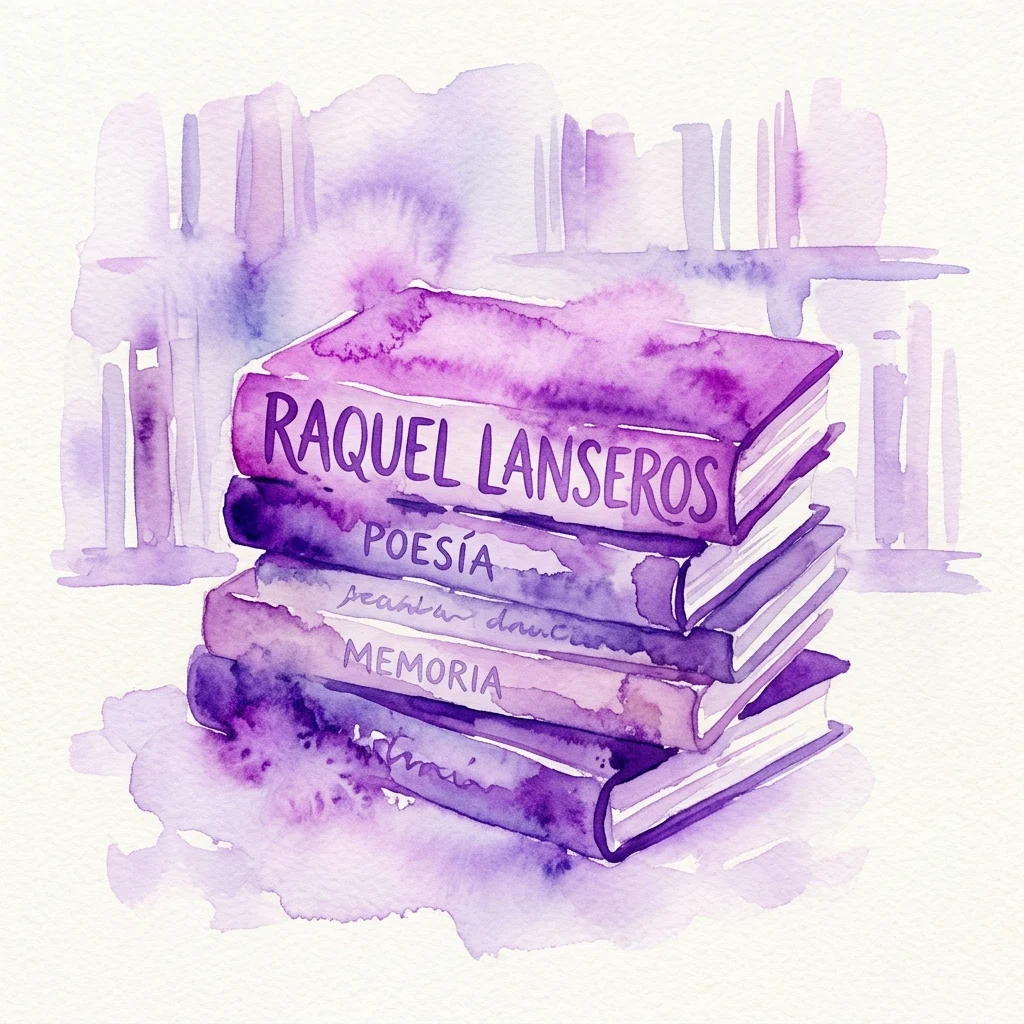 Waterverfillustratie van een stapel boeken met 'RAQUEL LANSEROS' op het bovenste boek, en 'POESÍA' en 'MEMORIA' op de andere, tegen een paarse achtergrond.
