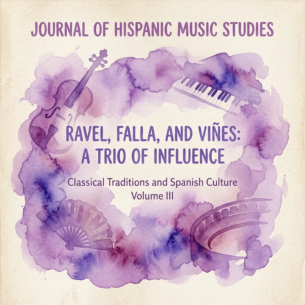 Okładka 'Journal of Hispanic Music Studies' z fioletowym akwarelowym wzorem przedstawiającym skrzypce, fortepian, wachlarz i łuk architektoniczny, zatytułowana 'Ravel, Falla i Viñes: Trójka Wpływów' Tom III.