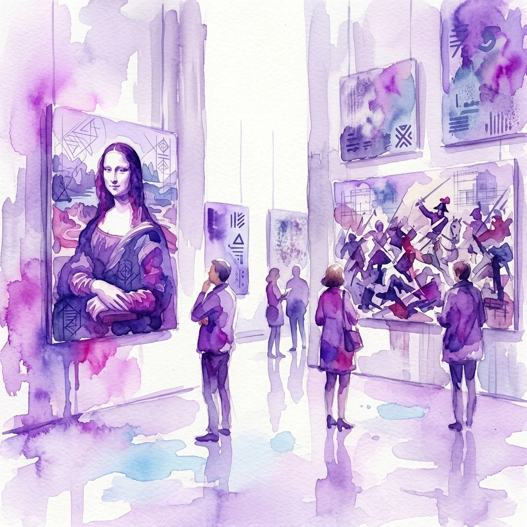 Een aquarelillustratie van een kunstgalerie met bezoekers die herinterpretaties van klassieke kunstwerken bekijken, waaronder een moderne versie van de Mona Lisa, tijdens de evenementenserie 'Reinterpretar los clásicos. Ciclos de Miércoles'.