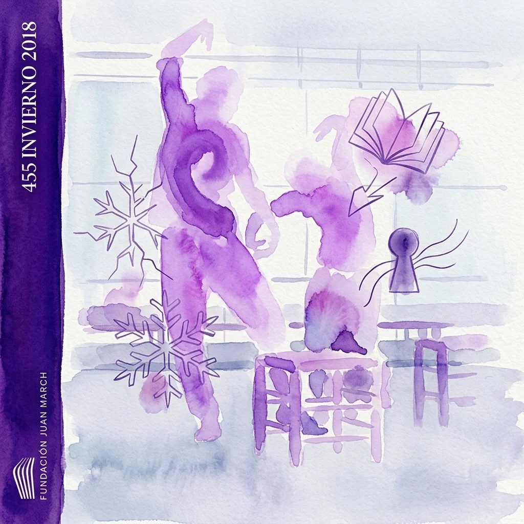 Okładka Revista nr 455 Zima 2018, ilustracja akwarelowa z fioletowymi sylwetkami, płatkami śniegu i otwartą książką, wydana przez Fundación Juan March.