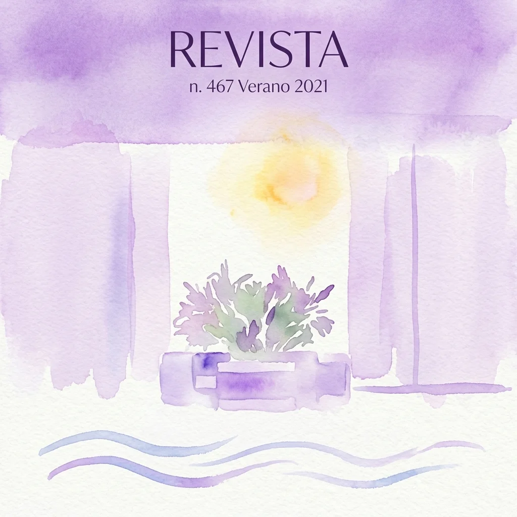 Portada de Revista n.º 467 Verano 2021, revista española publicada por la Fundación Juan March, con una ilustración en acuarela de una planta en maceta con un sol y tonos morados.