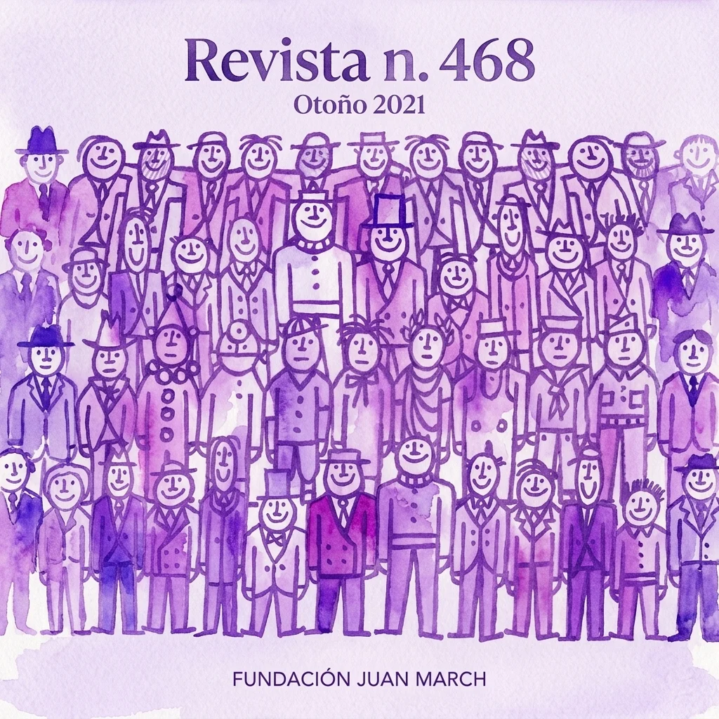 Okładka magazynu Revista nr 468 Jesień 2021, z fioletową akwarelową ilustracją różnorodnej grupy uśmiechniętych postaci w garniturach i kapeluszach, wydanego przez Fundación Juan March.