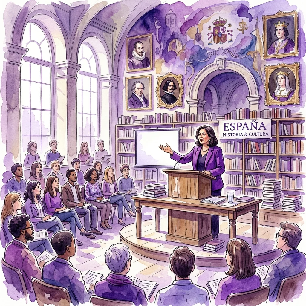 Een vrouw in een paars blazer geeft een lezing bij een spreekgestoelte in een grootse bibliotheek, omringd door boekenplanken en portretten van Spaanse historische figuren, terwijl een publiek aandachtig luistert.