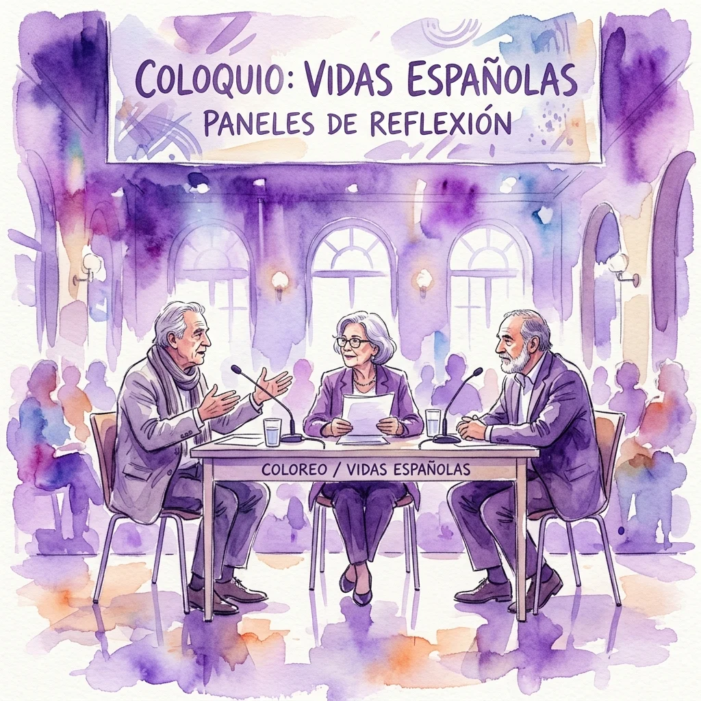 Een aquarelillustratie van een colloquium met de titel 'Coloquio: Vidas Españolas', met drie sprekers aan een tafel met microfoons, in een moderne culturele locatie met publiek op de achtergrond.