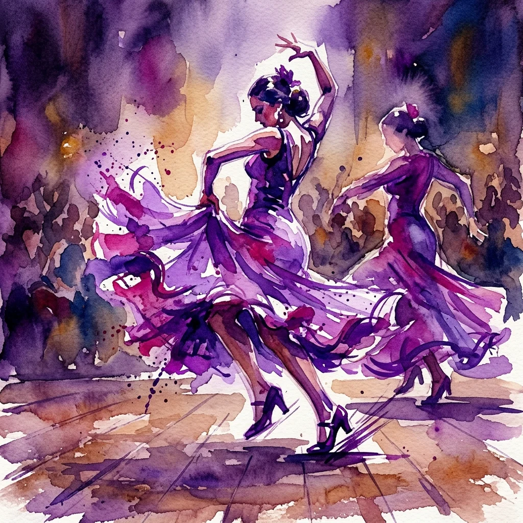 Ilustración en acuarela de dos bailarines de flamenco con fluidos vestidos morados, capturando la pasión y el movimiento de la danza tradicional española.