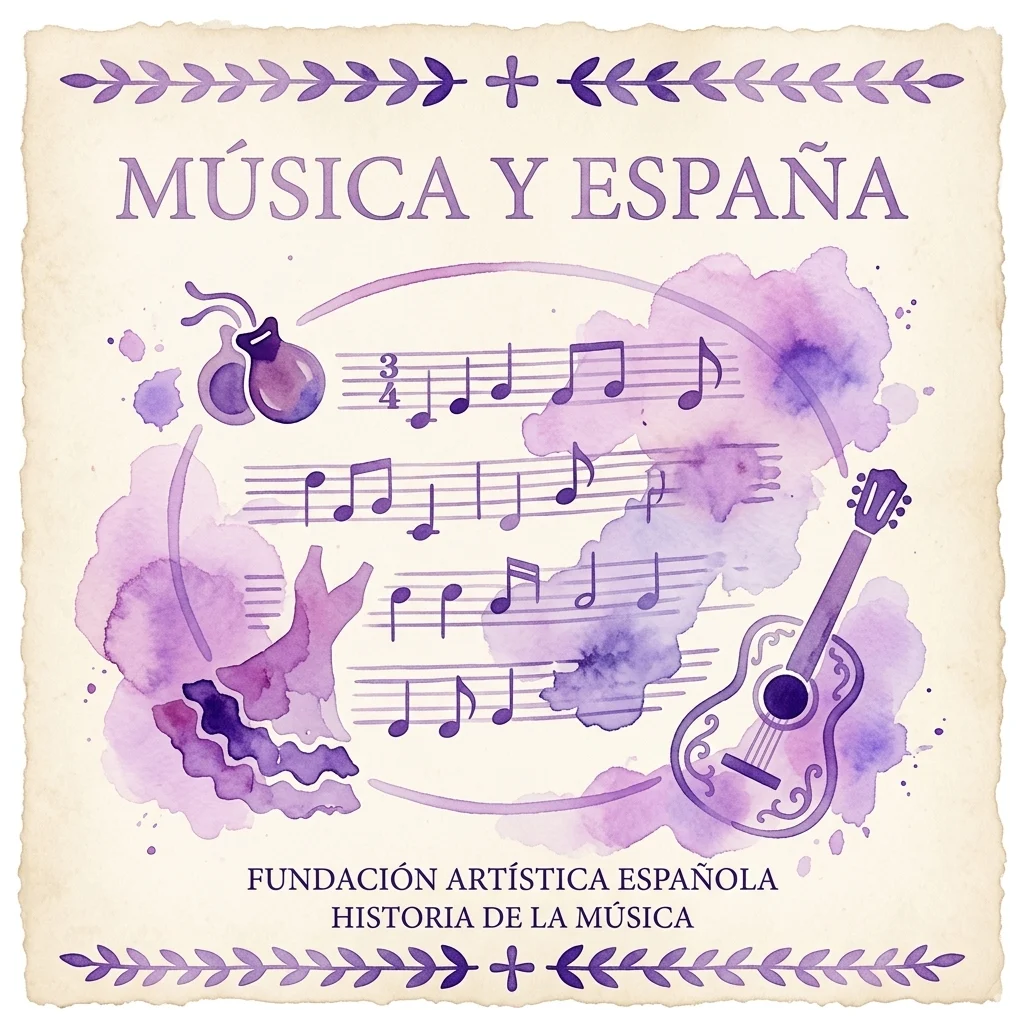Fioletowa ilustracja akwarelowa przedstawiająca nuty, gitarę, kastaniety i tancerkę flamenco, z tekstem 'MÚSICA Y ESPAÑA' i 'FUNDACIÓN ARTÍSTICA ESPAÑOLA HISTORIA DE LA MÚSICA' na tle postarzanego papieru.