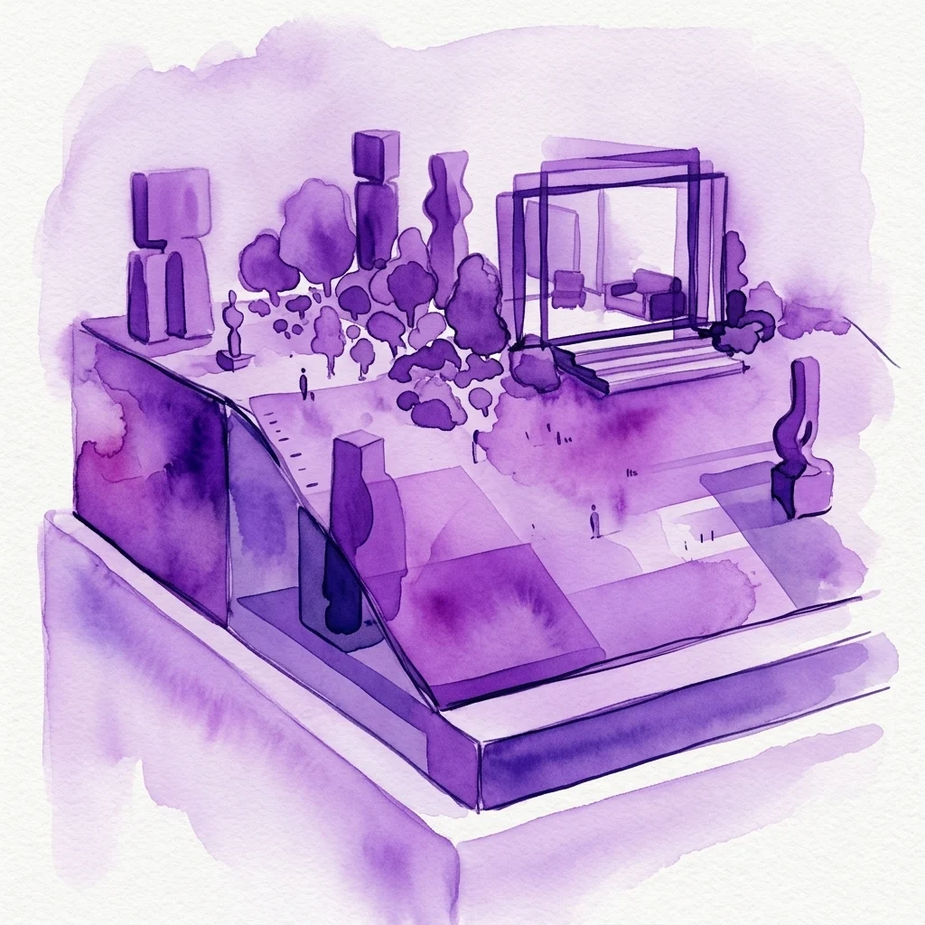 A purple watercolor illustration of an exhibition space featuring diverse sculptural forms, including abstract shapes and figures, arranged in a gallery that extends into outdoor areas with trees and pathways, representing the theme of scale in sculpture from 1945-2000.