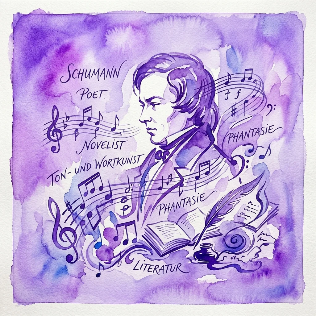 Una ilustración en acuarela morada del perfil de Robert Schumann, rodeada de notas musicales, un libro abierto, una pluma y etiquetas de texto que incluyen 'Schumann', 'Poeta', 'Novelista' y 'Phantasie'.