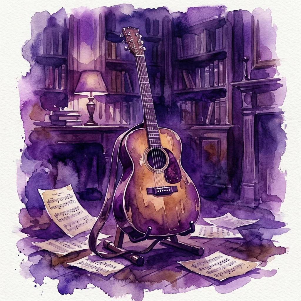 Een vintage akoestische gitaar op een standaard, omringd door verspreide bladmuziek in een schemerige studeerkamer met boekenplanken en een lamp, wat een nostalgische muzikale erfenis oproept.