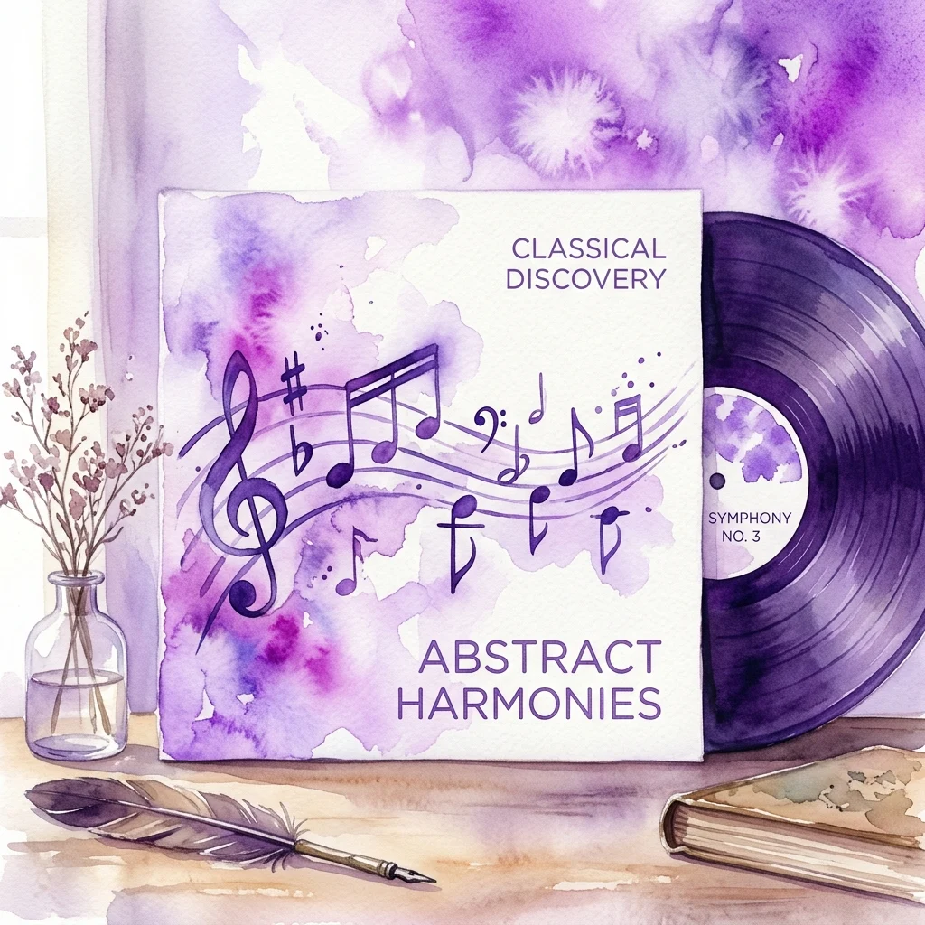 Winylowa płyta winylowa z minimalistyczną okładką przedstawiającą abstrakcyjne zapisy nutowe, zatytułowana 'Abstract Harmonies' i opatrzona etykietą 'Classical Discovery'. Sceneria obejmuje pióro, starą książkę i suszone kwiaty, przywołując skojarzenia z artystycznym odkrywaniem muzyki klasycznej.