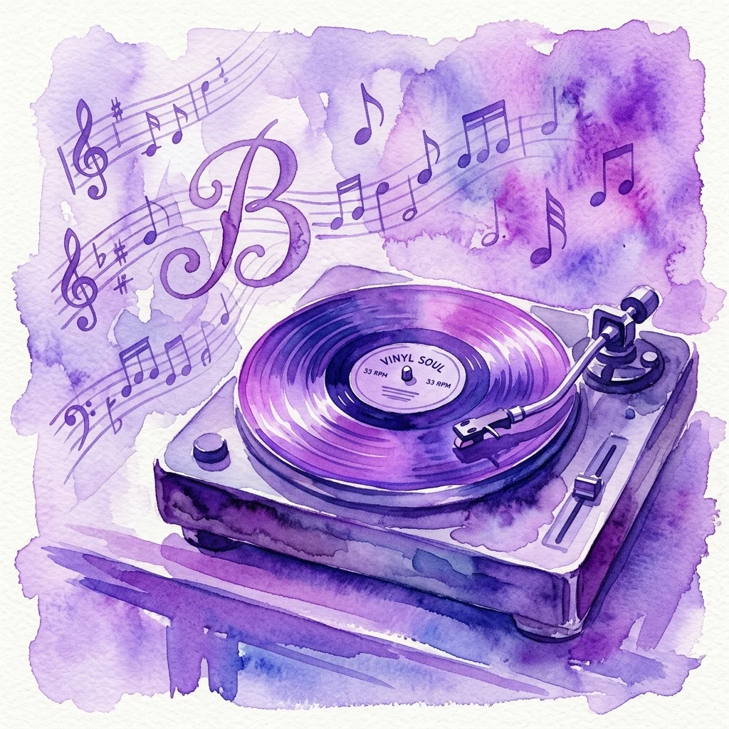 Ilustracja akwarelowa płyty winylowej na gramofonie z nutami i dużą literą „B”, reprezentująca album „Séptima Tribuna de jóvenes compositores. Cara B” z 1988 roku.