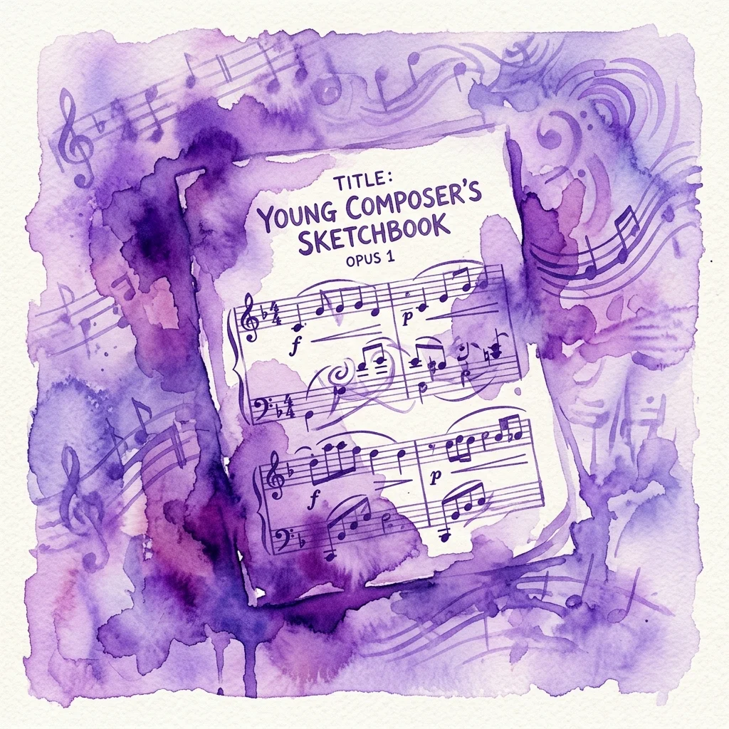 Ilustracja akwarelowa partytury muzycznej zatytułowanej 'Young Composer's Sketchbook Opus 1', otoczona fioletowymi nutami i abstrakcyjnymi falami dźwiękowymi.