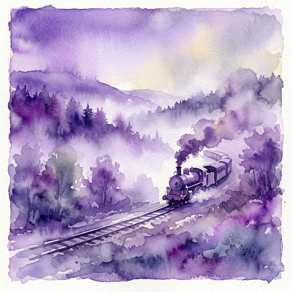 Ilustracja akwarelowa zabytkowego pociągu parowego przejeżdżającego przez mglisty, fioletowy krajobraz z drzewami i wzgórzami, przywołująca nastrój filmu "Shanghai Express" z 1932 roku.