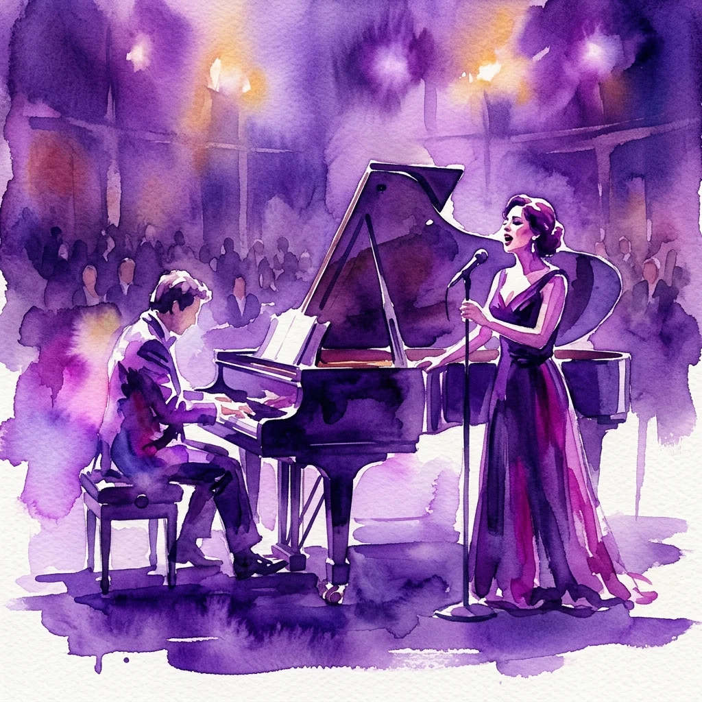 Ilustracja akwarelowa koncertu muzyki klasycznej przedstawiająca pianistę i piosenkarkę występujących na scenie w fioletowym i złotym oświetleniu.