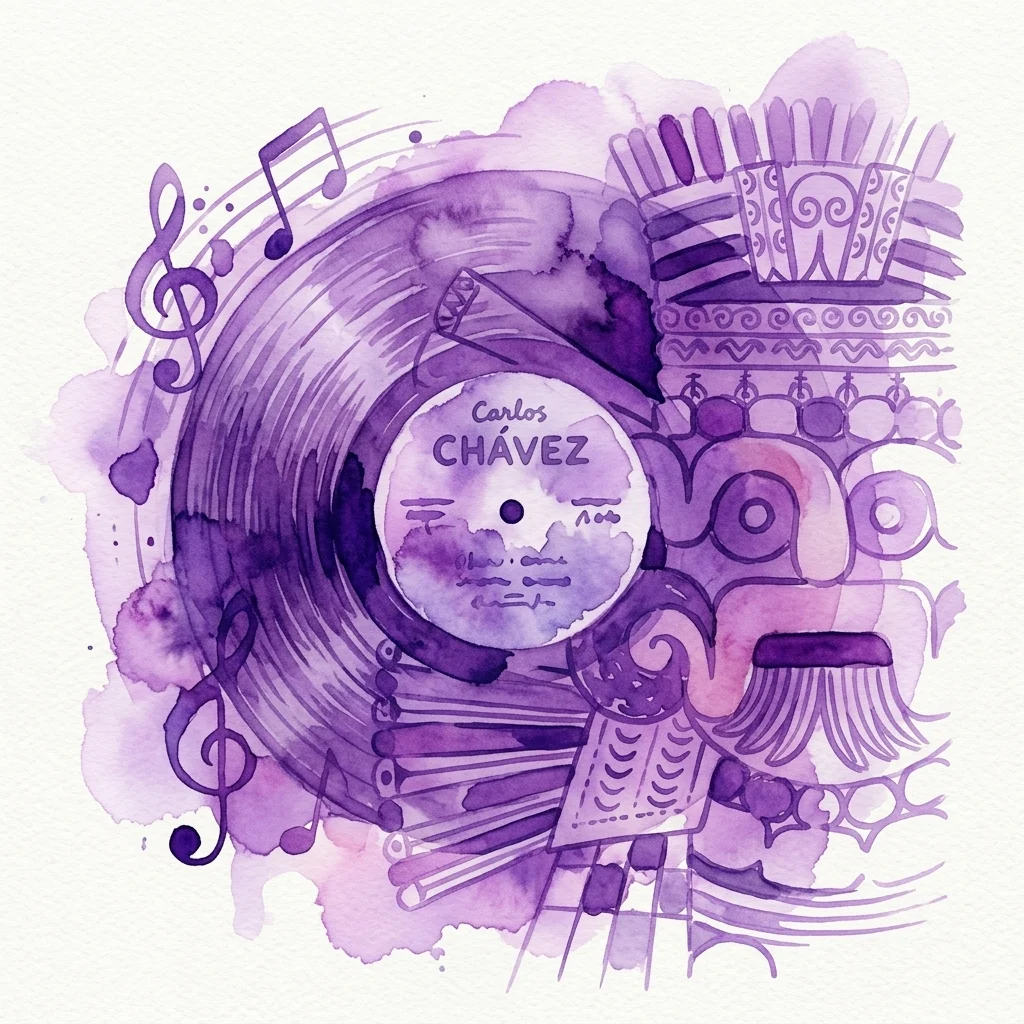 Watercolor illustration of a vinyl record labeled 'Carlos CHÁVEZ' with musical notes and indigenous Mexican patterns, representing the 1936 composition 'Sinfonía India'.