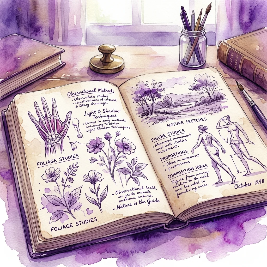 Otwarty szkicownik ze szczegółowymi fioletowymi ilustracjami i odręcznymi notatkami na temat metod obserwacji, studiów roślinności, technik światła i cienia, szkiców przyrody, studiów postaci i pomysłów na kompozycje, umieszczony na stole z przyborami artystycznymi.