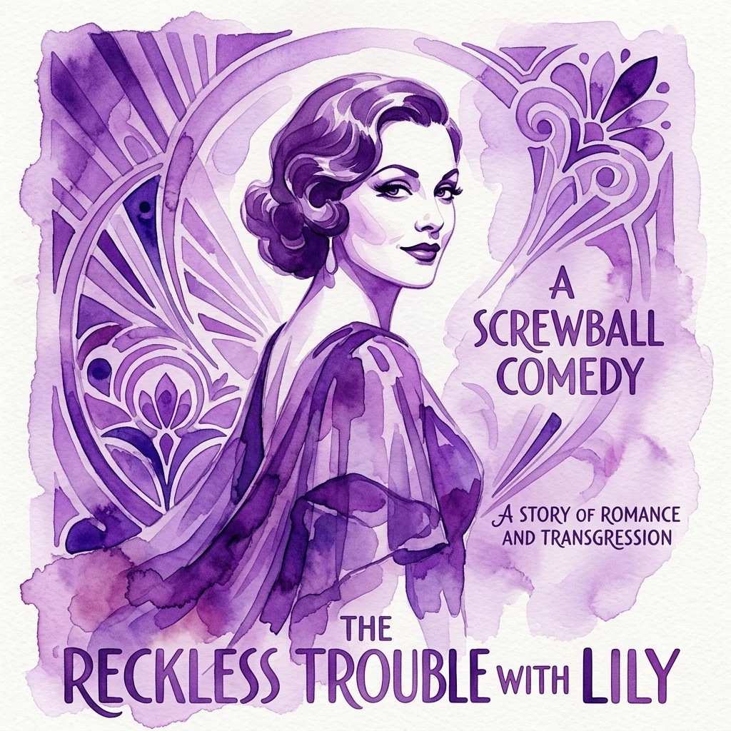 Paars aquarel poster voor de film 'Smart Woman' uit 1931 van Gregory La Cava, met een vrouw in een vintage jurk met art deco-elementen, ter promotie van een screwball comedy over romantiek en transgressie.