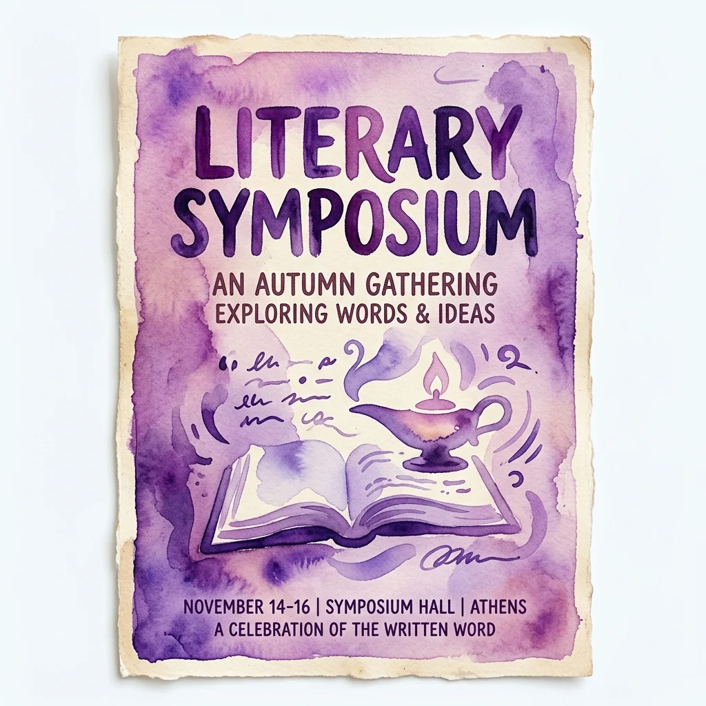 Póster de estilo vintage para un simposio literario con fondo de acuarela morada, que presenta un libro abierto, una lámpara y el texto 'Simposio Literario: Un Encuentro de Otoño Explorando Palabras e Ideas' celebrado en Atenas.