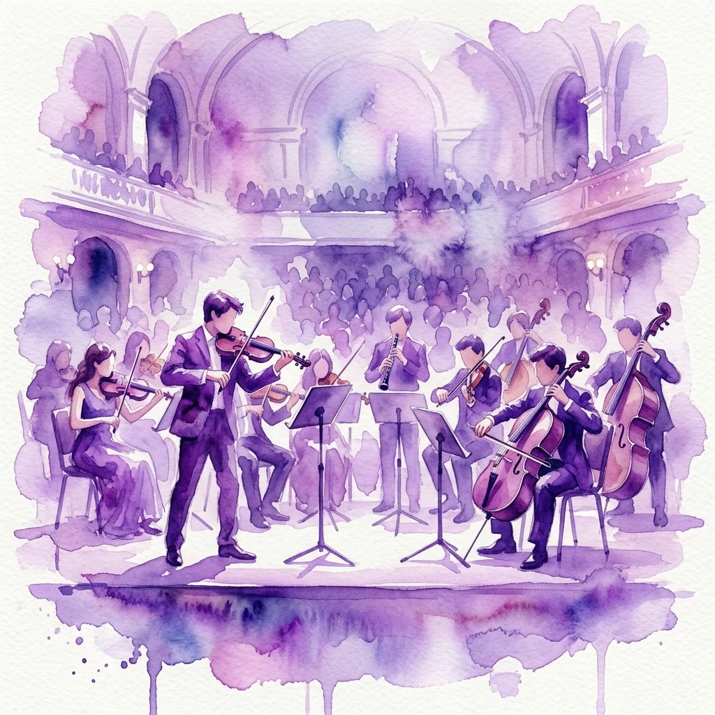 Ilustración en acuarela de un concierto de música clásica con jóvenes músicos interpretando a Bach, con solistas y ensamble en un entorno formal de sala de conciertos.