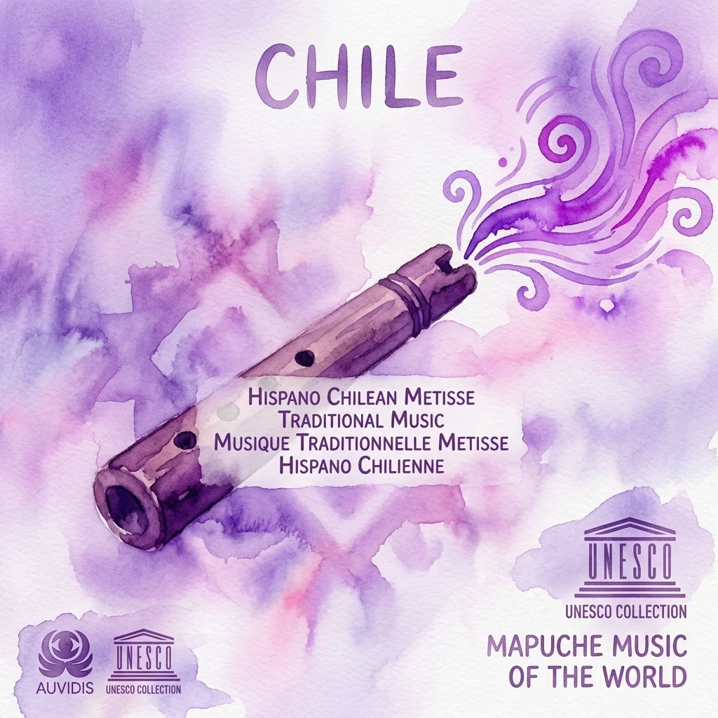 Ilustracja akwarelowa tradycyjnego fletu Mapuche pifilca z Chile, z fioletowymi spiralami symbolizującymi dźwięk, na tle w kolorze mięty i różu, oznaczone jako część Kolekcji UNESCO i Aavidis.