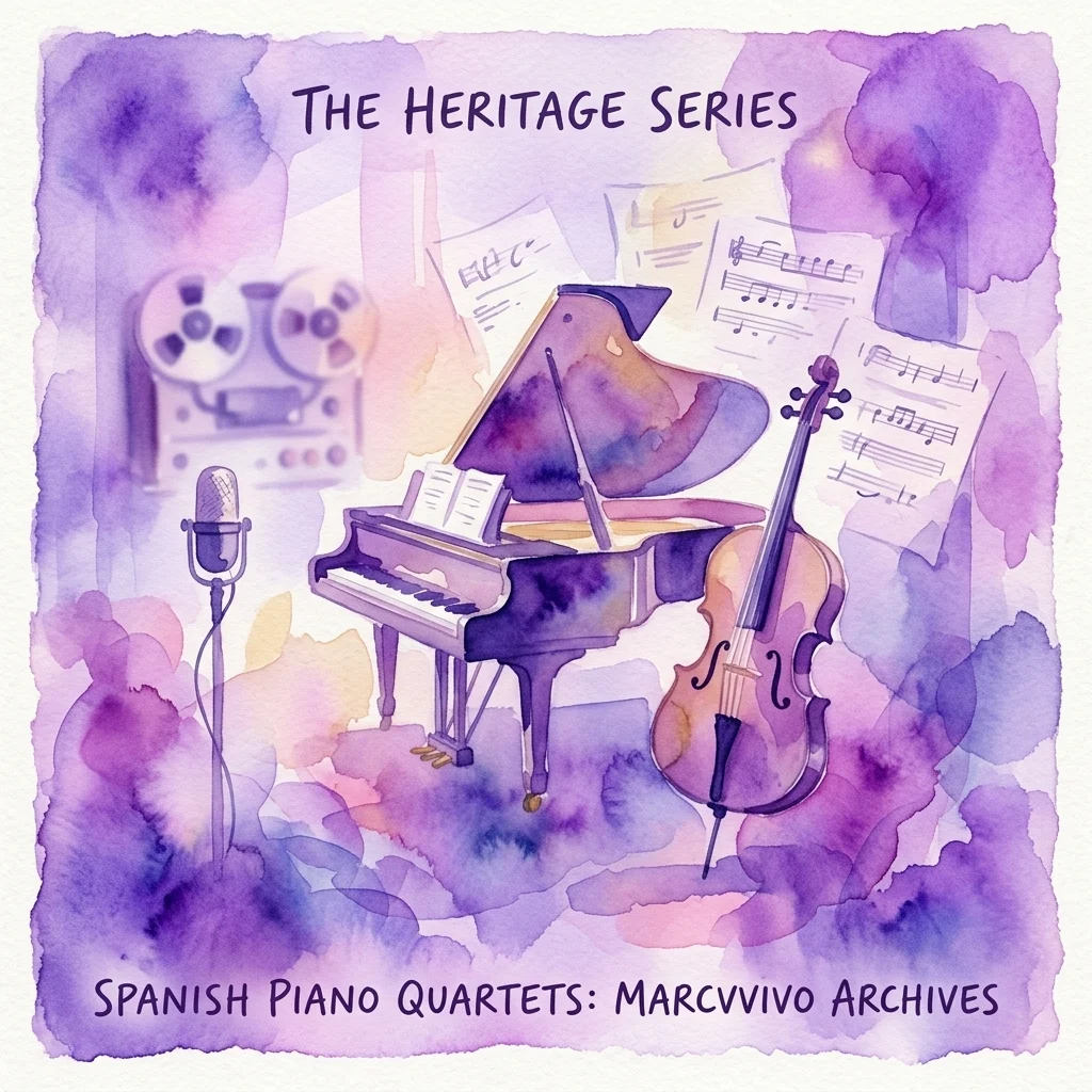 Ilustracja akwarelowa przedstawiająca zabytkowe studio nagraniowe z fortepianem, wiolonczelą, nutami i magnetofonem szpulowym, promująca „The Heritage Series: Spanish Piano Quartets” autorstwa MarcVivo Archives.
