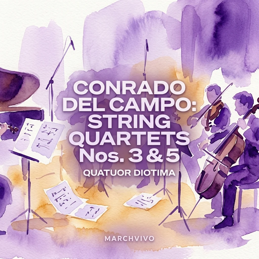 Waterverfillustratie van een strijkkwartet dat optreedt, met muzikanten met violen en cello, bladmuziek op lessenaars, en tekst die Conrado del Campo's String Quartets Nos. 3 & 5 identificeert door Quatuor Diotima.