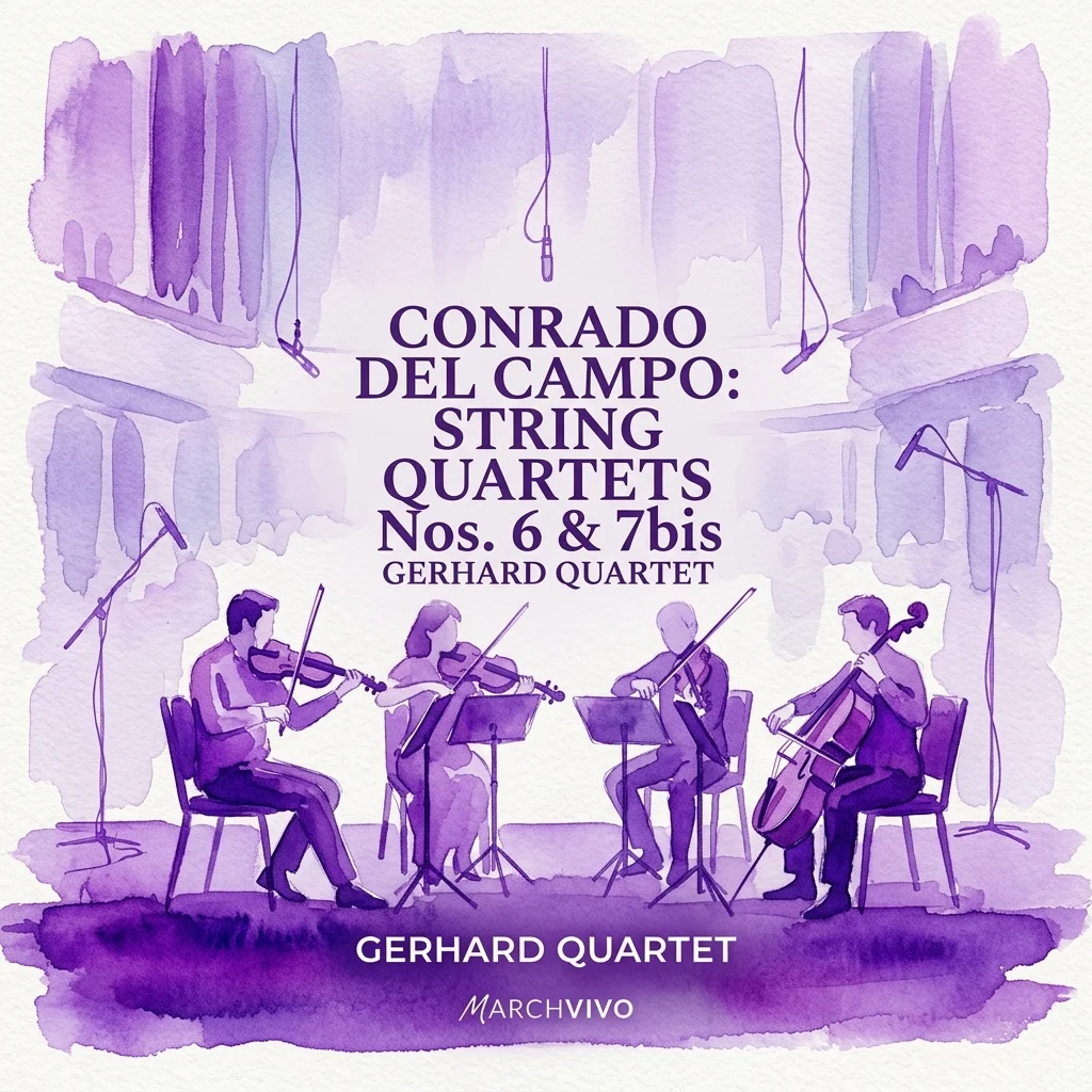 Ilustración en acuarela del Gerhard Quartet interpretando los Cuartetos de Cuerda n.º 6 y 7bis de Conrado del Campo en un salón de conciertos con micrófonos y atriles.