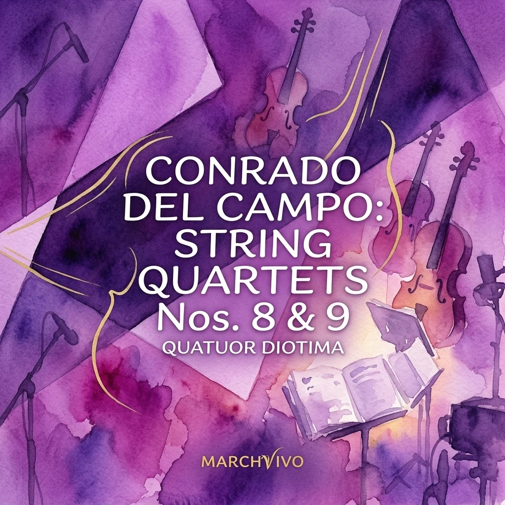 Albumhoes voor Conrado del Campo's Strijkkwartetten nr. 8 & 9 uitgevoerd door Quatuor Diotima, met aquarelillustraties van violen, bladmuziek en microfoons in een paarse en gouden studio setting.