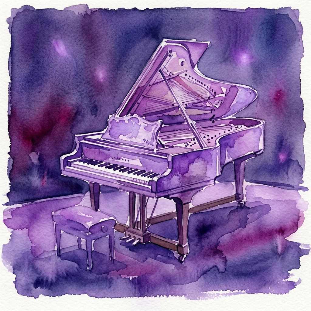 Ilustracja akwarelowa pianina na scenie z fioletowym oświetleniem, przedstawiająca historyczne instrumenty klawiszowe podczas występu.