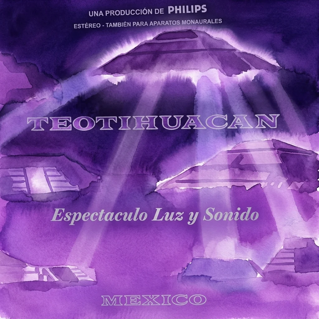 A purple watercolor illustration of the Teotihuacan pyramids illuminated by light beams, promoting the 1962 'Espectaculo Luz y Sonido' event in Mexico.