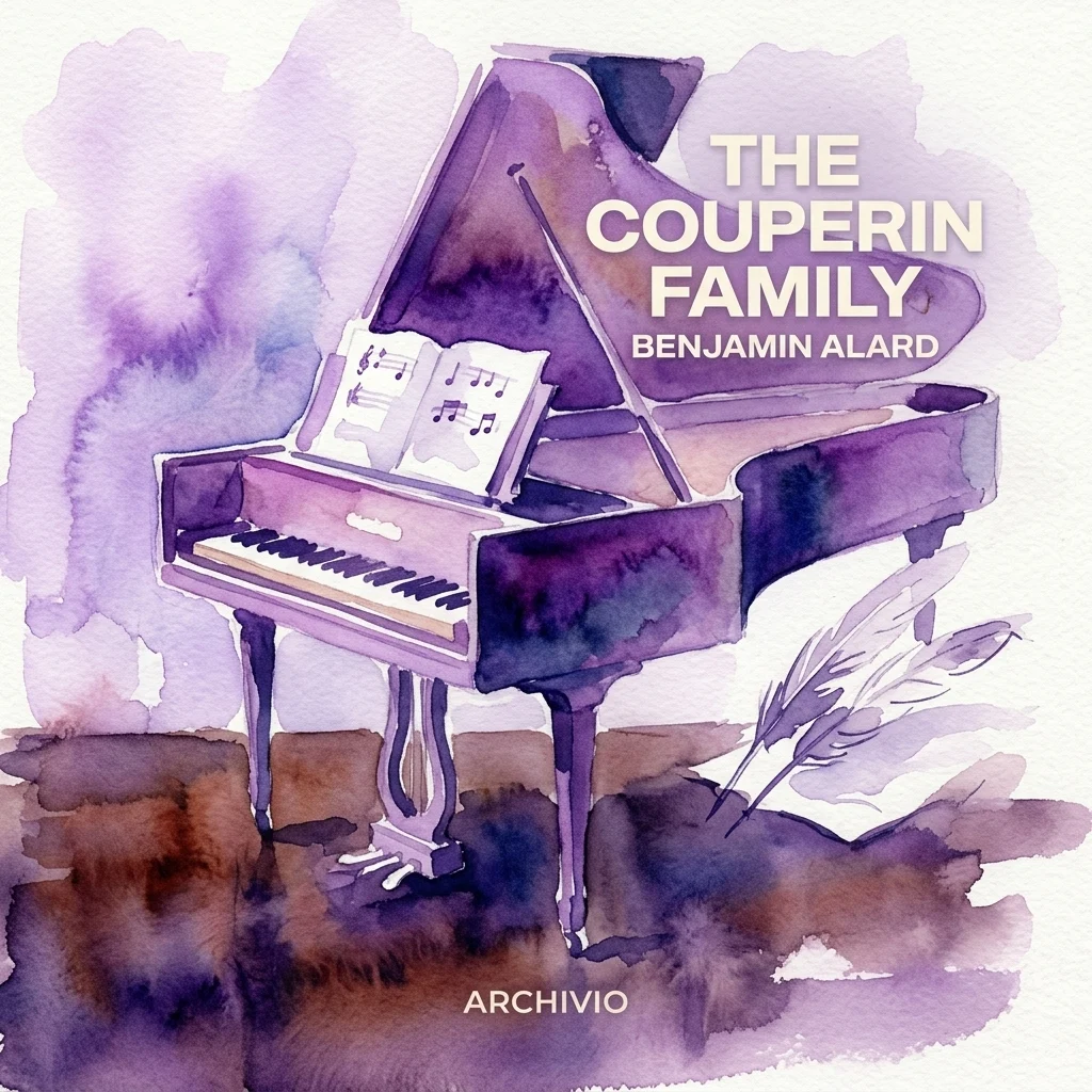 Ilustracja akwarelowa klawesynu z nutami, piórami i tekstem „Rodzina Couperinów” autorstwa Benjamina Alarda, reprezentująca album z muzyką klasyczną.