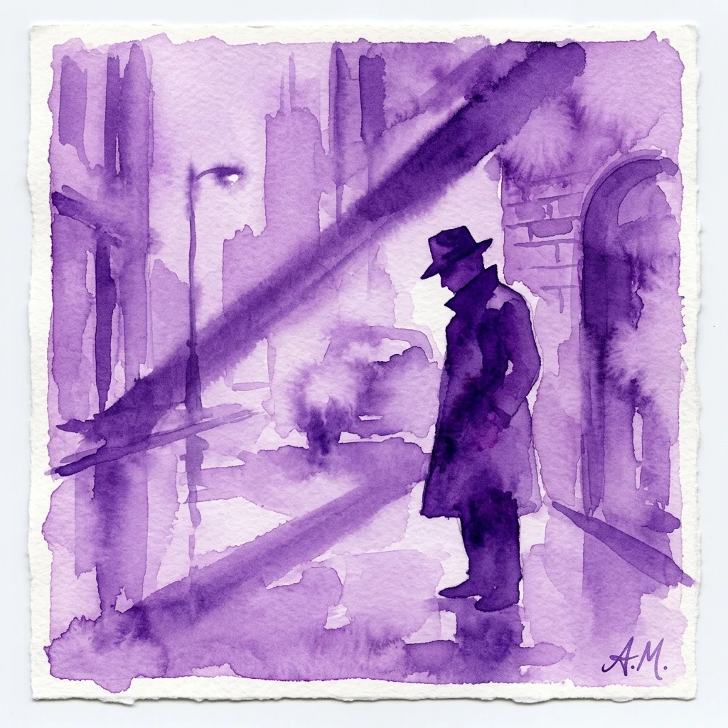 Een paarse aquarelillustratie van een man met een fedora en jas, staand in een schemerige straat, die de sfeer van een klassieke film noir-scène oproept.