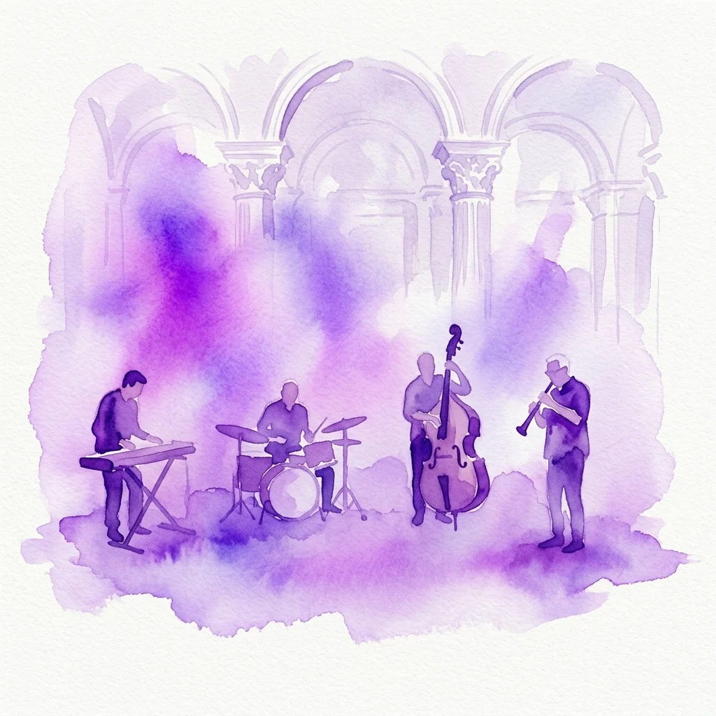 Ilustracja akwarelowa kwartetu jazzowego wykonującego muzykę na keyboardzie, perkusji, kontrabasie i saksofonie w sali w stylu renesansowym z fioletowymi odcieniami.