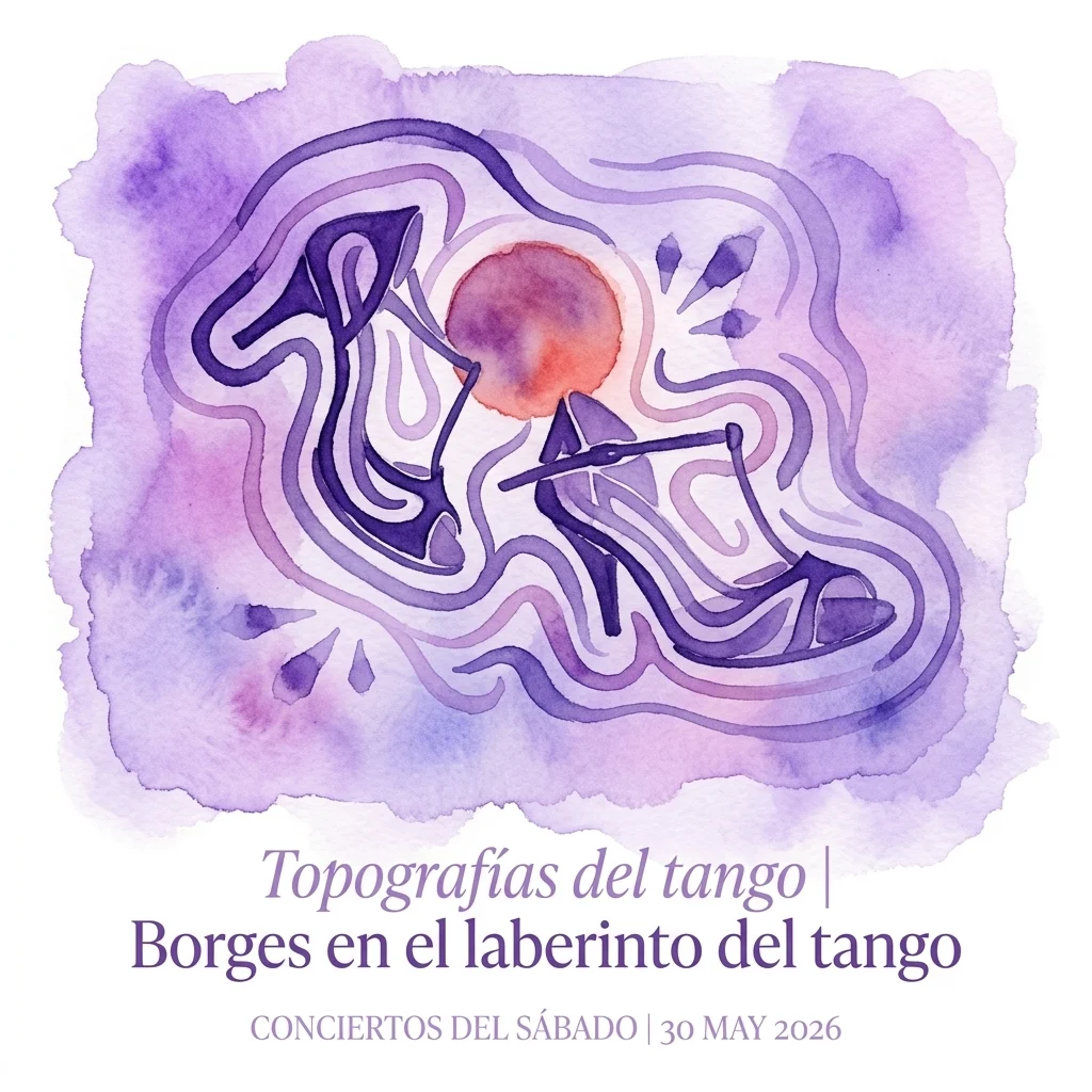 Abstract aquarelkunstwerk met wervelende paarse lijnen, hoge hakken en een centrale rode cirkel, die de tango en de labyrintische stijl van Jorge Luis Borges vertegenwoordigt voor een concert. De abstracte aquarelkunst met wervelende paarse lijnen, hoge hakken en een centrale rode cirkel, die de tango en de labyrintische stijl van Jorge Luis Borges vertegenwoordigt voor een concert.