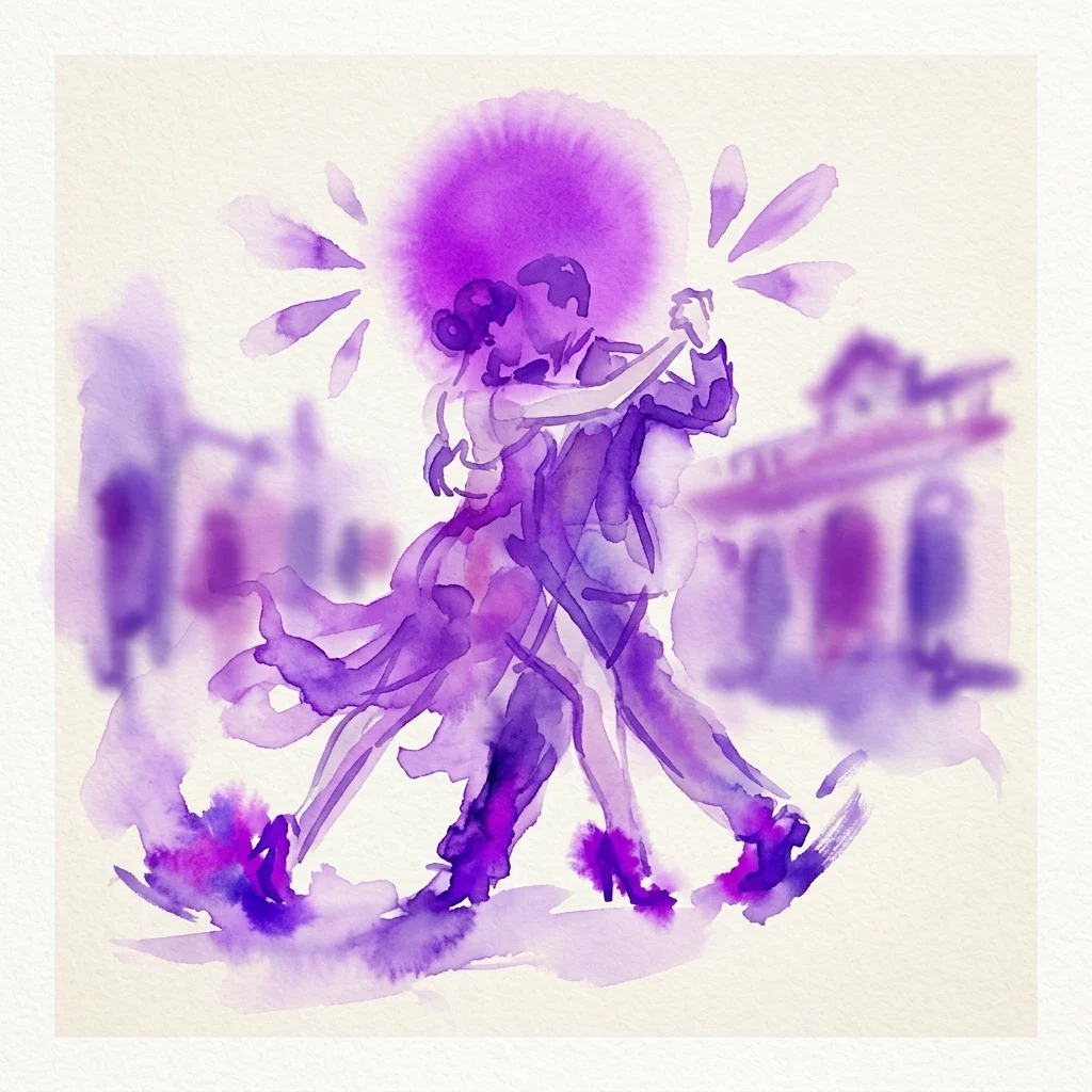 Een aquarelillustratie van een tangokoppel dat danst in paarse tinten, met een vage architecturale achtergrond die een setting in Buenos Aires suggereert.