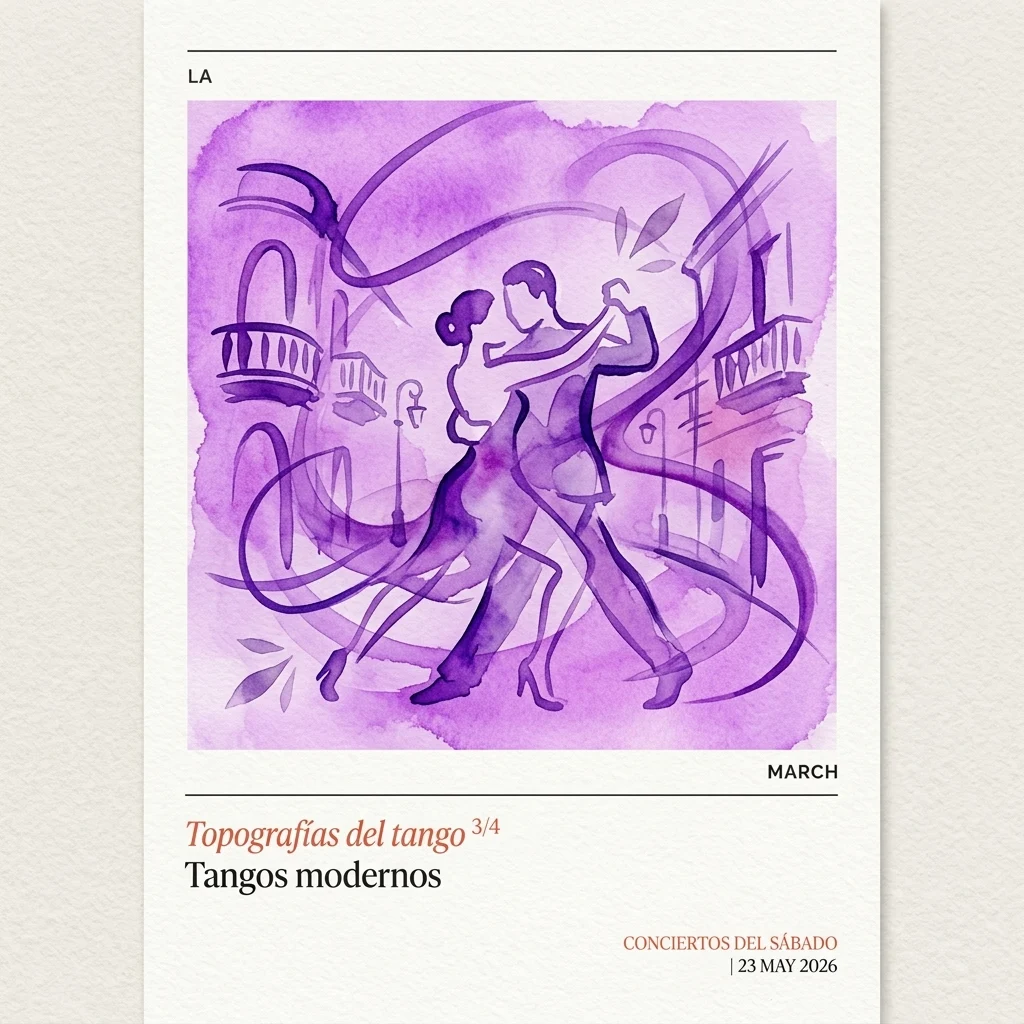Een paarse aquarelillustratie van een tanguerend koppel, met architecturale elementen van Buenos Aires op de achtergrond, voor het concert 'Topografías del tango. Tangos modernos.'