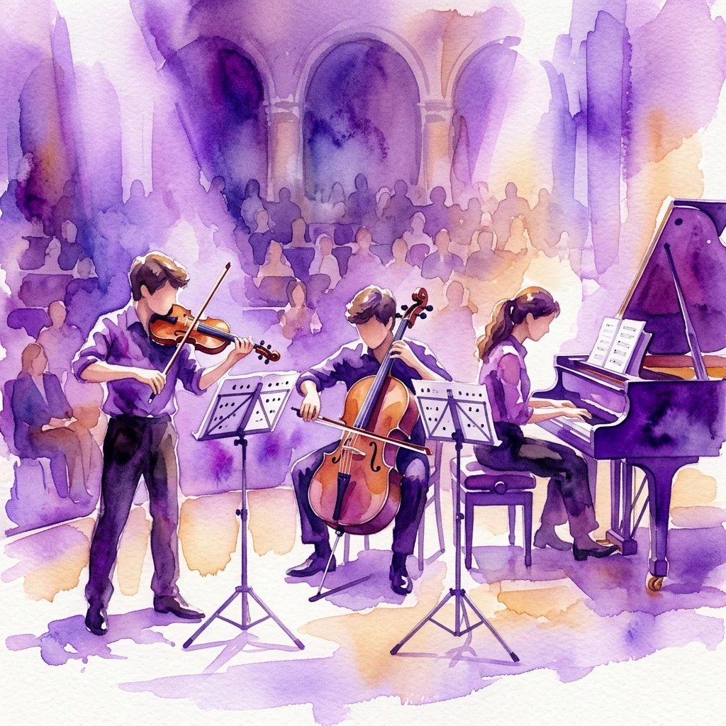 Ilustracja akwarelowa klasycznego tria muzycznego występującego na scenie, z udziałem skrzypka, wiolonczelisty i pianisty, ze nutami na stojakach i publicznością w tle.