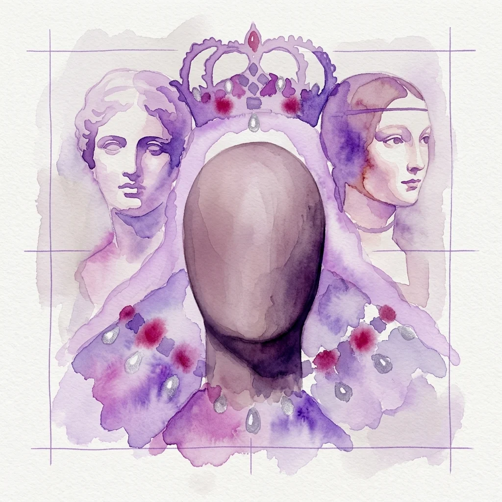 Ilustracja akwarelowa przedstawiająca historyczne portrety, w tym klasyczny biust i ukoronowaną postać, otaczające centralnie umieszczoną pustą głowę manekina, reprezentująca wystawę „Typowe portrety: Historia twarzy w piętnastu odsłonach” w Muzeum Prado.