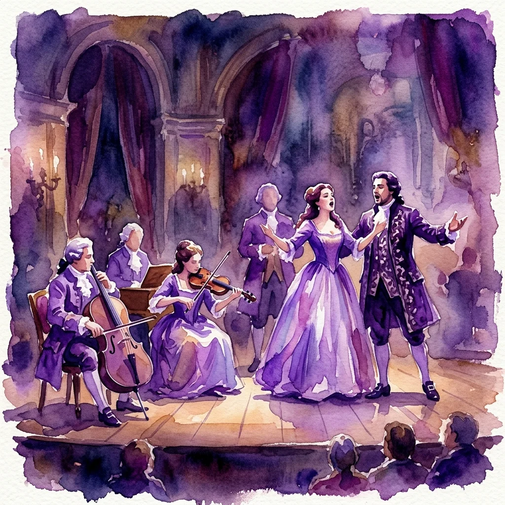 Una ilustración acuarela de una actuación de música de cámara barroca con cantantes y músicos con trajes de época en un escenario con poca luz, evocando una teatralidad íntima.