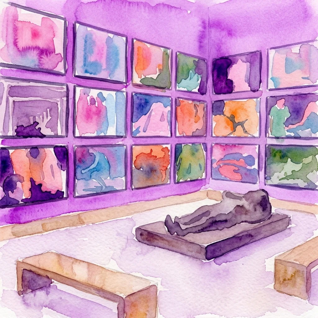 Ilustración en acuarela de una galería de arte con paredes moradas, que exhibe pinturas abstractas y una escultura sobre un pedestal.