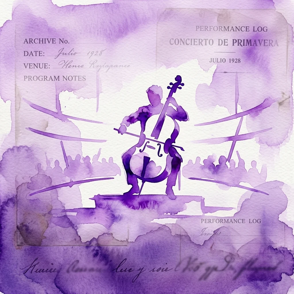 Fioletowa ilustracja akwarelowa przedstawiająca wiolonczelistę występującego na scenie, z elementami tekstu archiwalnego, w tym „CONCIERTO DE PRIMAVERA” i „JULIO 1928”, nawiązującymi do historycznego programu koncertu.
