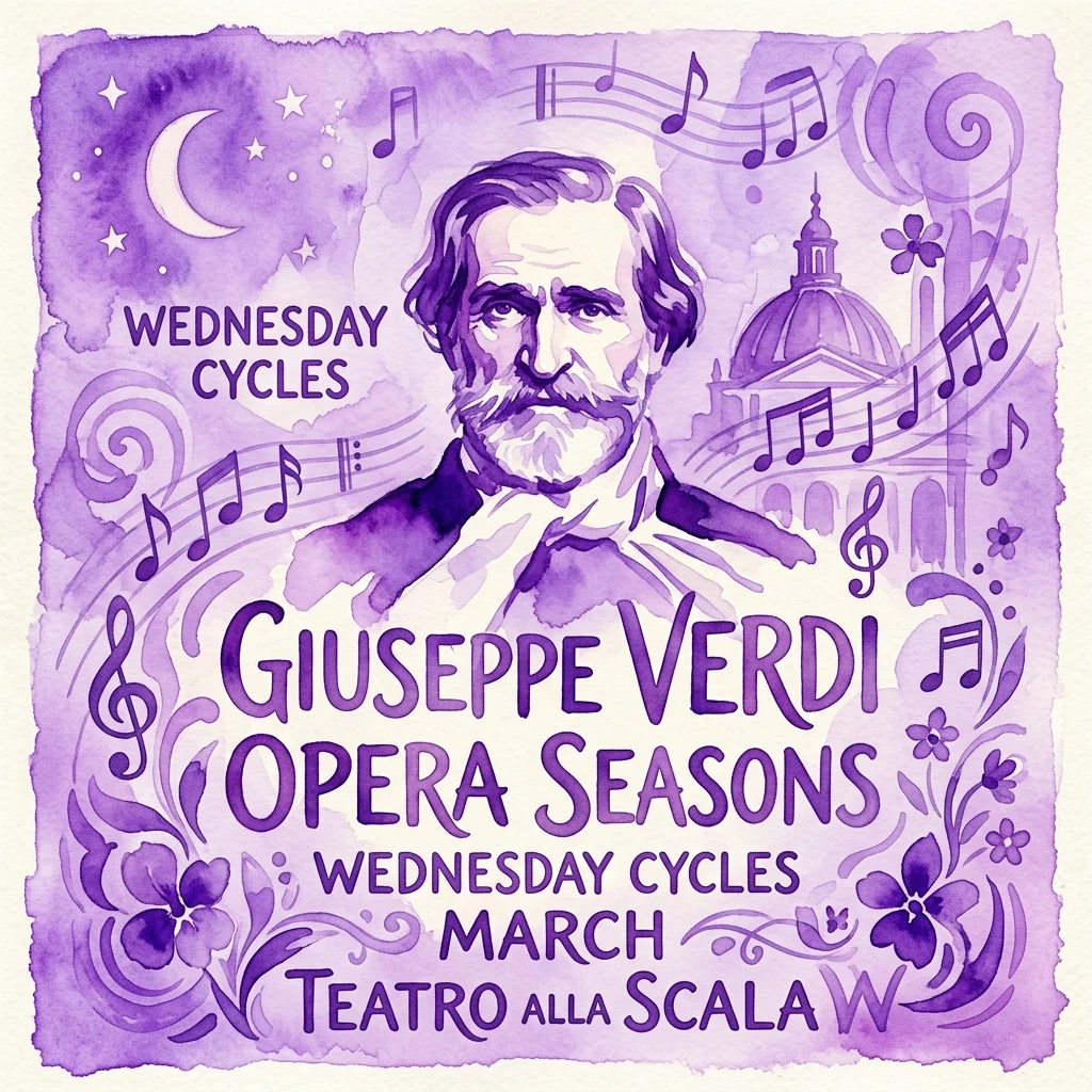 Plakat akwarelowy na sezony operowe Giuseppe Verdiego w Teatro alla Scala, przedstawiający portret Verdiego, nuty i fioletową kolorystykę dla Środowych Cykli w marcu.
