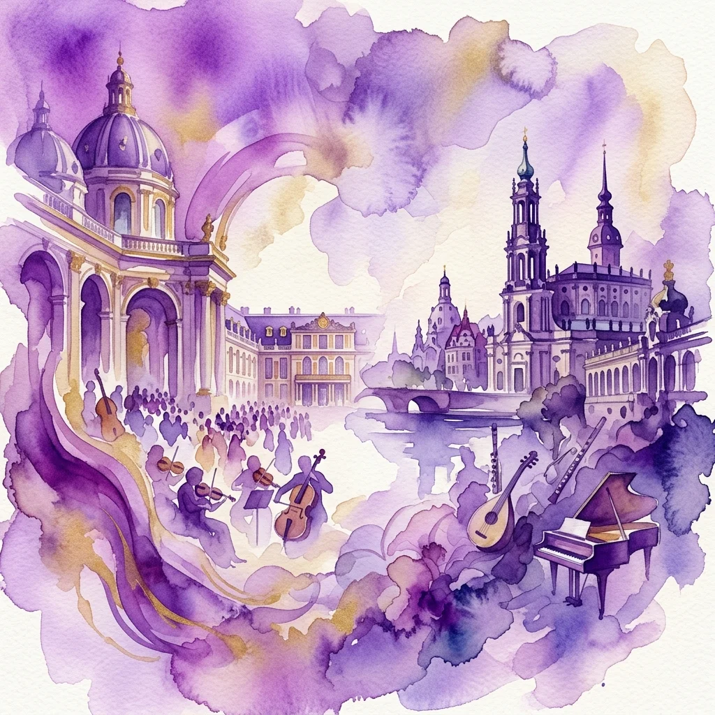 Ilustracja akwarelowa przedstawiająca barokową architekturę Wersalu i Drezna, z muzykami wykonującymi klasyczne instrumenty, symbolizująca kontrast między dworami.