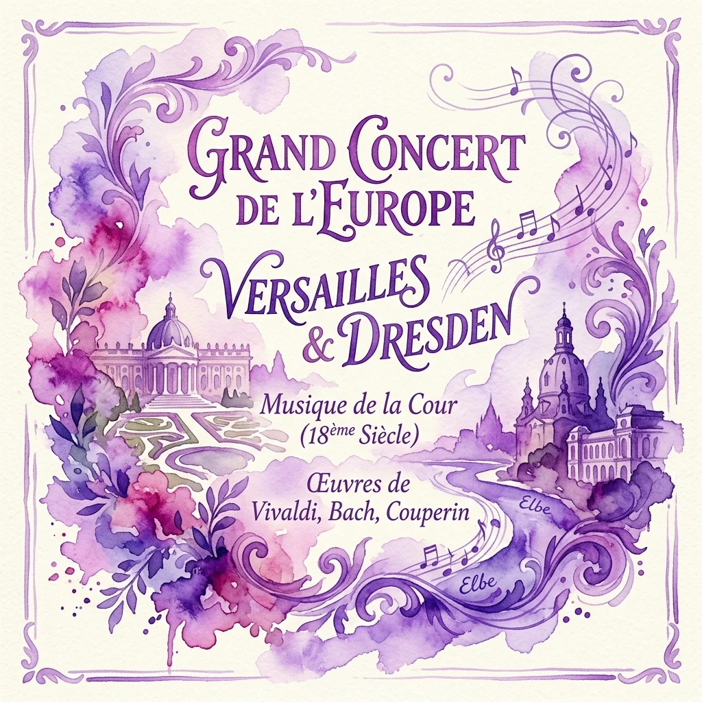 Program koncertu w stylu barokowym zatytułowany 'Grand Concert de l'Europe: Wersal i Drezno', zawierający muzykę dworską XVIII wieku Vivaldiego, Bacha i Couperina, z akwarelowymi ilustracjami zabytków Wersalu i Drezna.