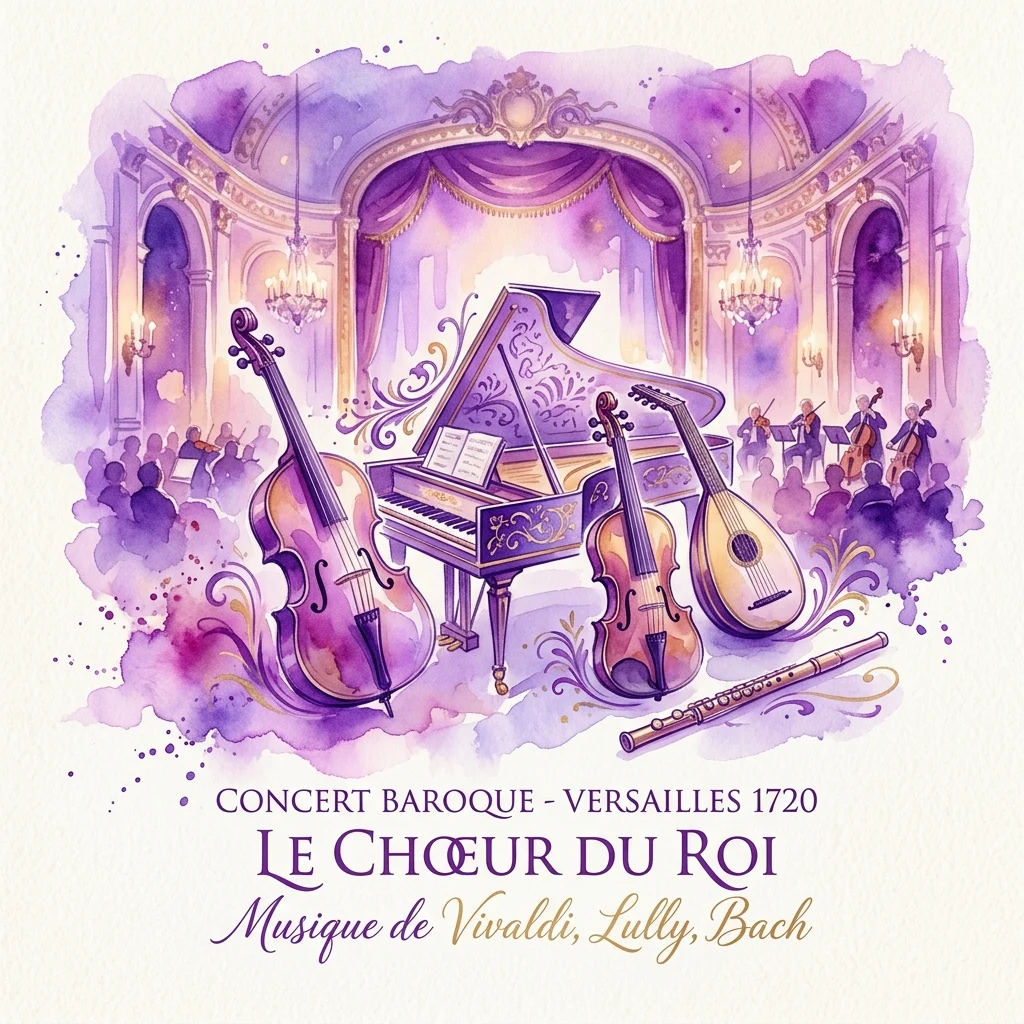Ilustración de programa de concierto barroco con clavecín, violines, laúd y flauta en un salón ornamentado estilo Versalles, promocionando una actuación de Le Chœur du Roi con música de Vivaldi, Lully y Bach.