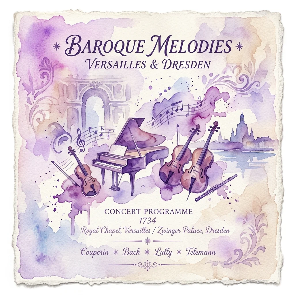 Program koncertu barokowego zatytułowany „Melodie Barokowe: Wersal i Drezno” z fortepianem, skrzypcami i fletem, zawierający akwarele Wersalu i Drezna oraz kompozytorów Couperina, Bacha, Lully’ego i Telemanna.