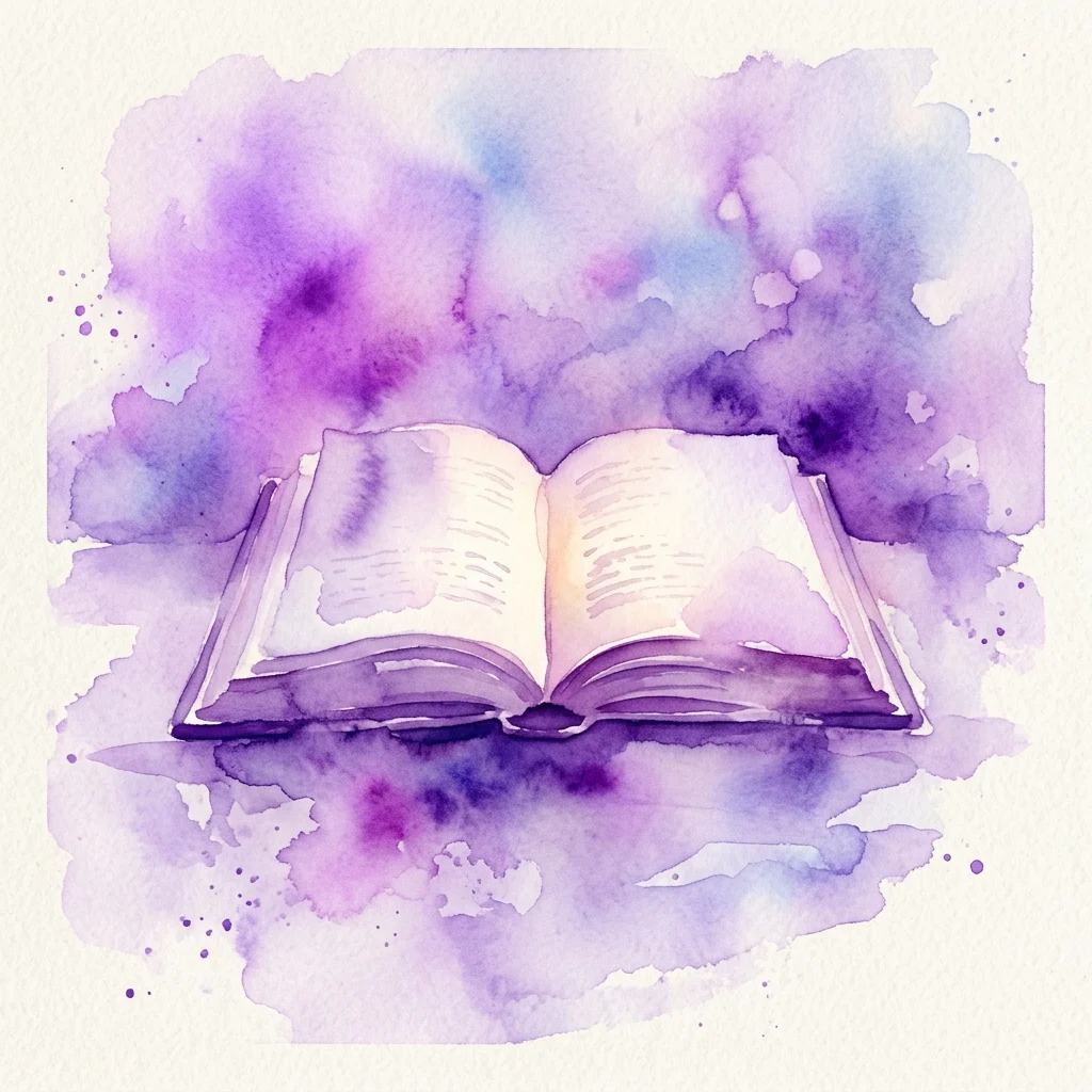 Ilustracja akwarelowa otwartej księgi z podświetlonymi stronami, na tle abstrakcyjnego fioletowo-niebieskiego tła, przywołująca na myśl literaturę i kontemplację.