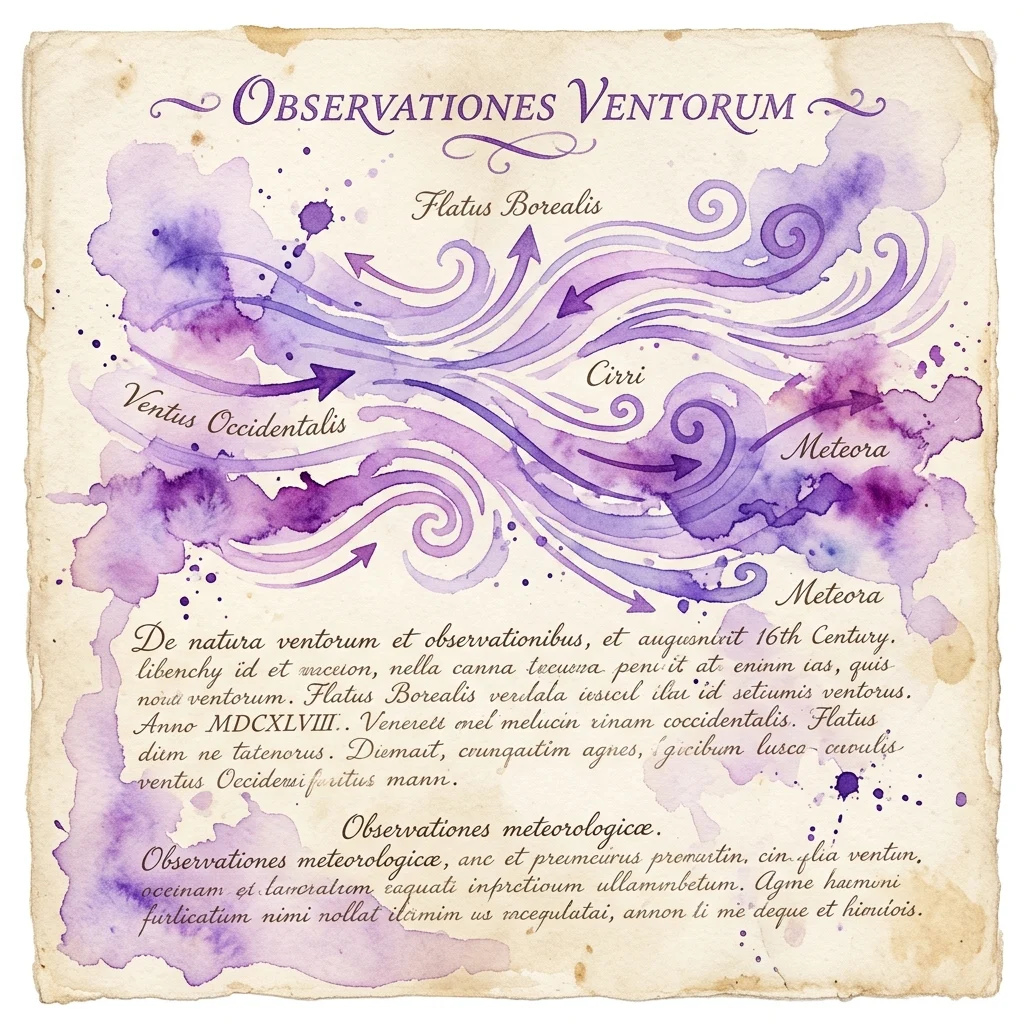 Historyczny dokument zatytułowany 'Observationes Ventorum' z fioletowymi akwarelowymi wzorami wiatru i łacińskim tekstem, przedstawiający typy wiatru, takie jak 'Flatus Borealis' i 'Ventus Occidentalis' na postarzanym papierze.