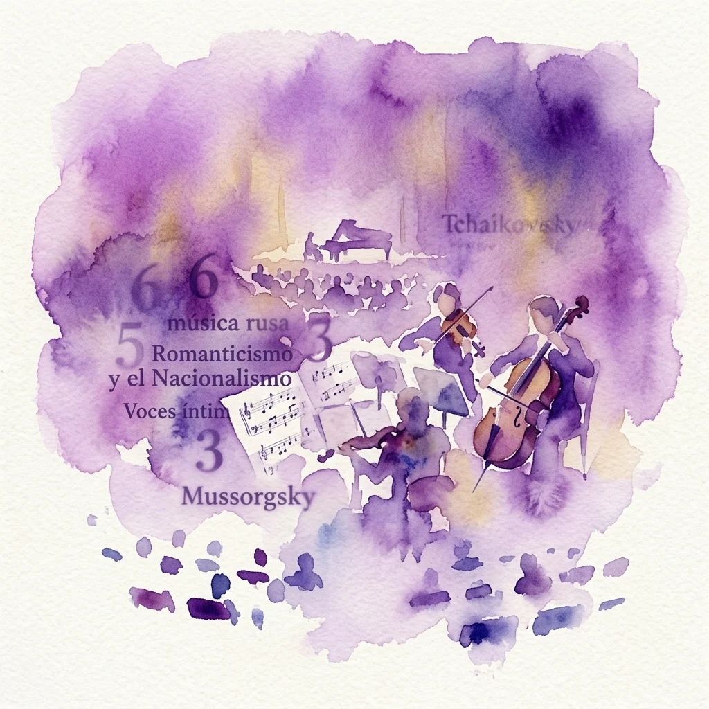 Watercolor illustration of a classical music concert featuring musicians with cello and violin, sheet music, and text highlighting Russian music from Romanticism to Nationalism, with names Tchaikovsky and Mussorgsky.