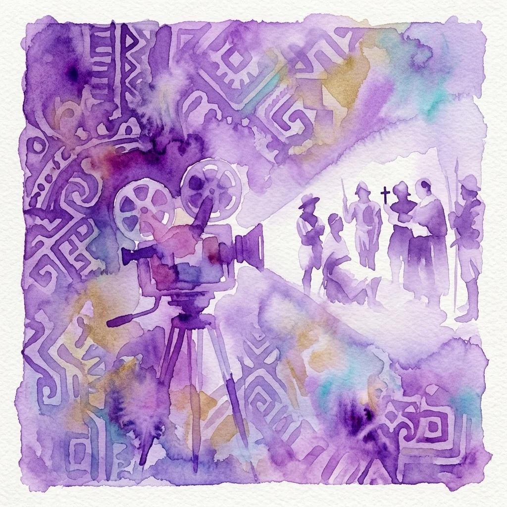 Ilustracja akwarelowa zabytkowego projektora filmowego wyświetlającego scenę z boliwijskiego filmu Wara Wara z 1930 roku, z prekolumbijskimi wzorami w tle.